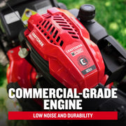 Photo of Craftsman M230C CM12AVB2C2093 red engine cover with commercial-grade 163cc graphics, close-up view.
