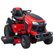Front angle photo of Craftsman riding lawn mower, model CM14AHA6ZMA93, red and black with 54-inch deck.