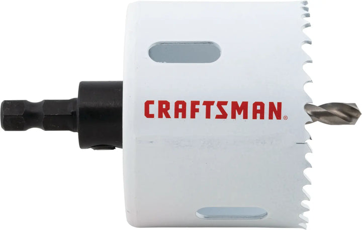Side view photo of Craftsman hole saw CMAH1212A, white body, red logo, sharp teeth, metal drill bit.