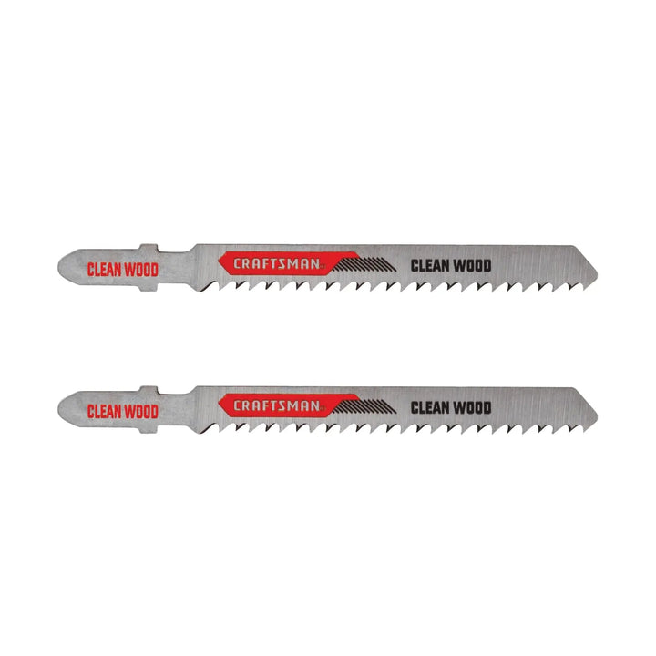Photo of two Craftsman jigsaw wood blades CMAJ1410WC2, silver with red and black detail, front angle.