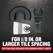 CRAFTSMAN CMAO201 oscillating tool blade set, three blades for tile, grout, and wood, top view on black background.
