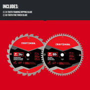 Photo of CRAFTSMAN CMAS210CMB graphics showing two 10-inch circular saw blades, 24T and 60T, on red background.