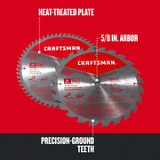 Photo of CRAFTSMAN graphics, CMAS210CMB, showing two 10-inch saw blades with heat-treated plate and precision-ground teeth.