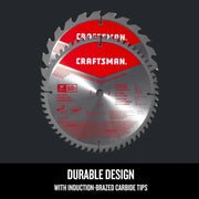 Photo of Craftsman 10-inch saw blade set, model CMAS210CMB, with red label, fine finish, front angle.