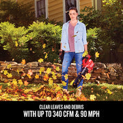 Photo of Craftsman leaf blower CMCBL700D1 in use outdoors, blowing leaves near stone wall and bushes.