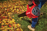 Photo of a person using a CRAFTSMAN CMCBL700M1 leaf blower clearing autumn leaves from grass.