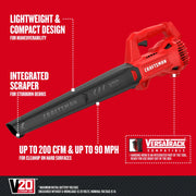 Photo of Craftsman V20 cordless blower CMCBL710B with red and black body, side angle, showing features.