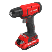 Cordless red CRAFTSMAN power drill with black handle and V20 lithium-ion battery pack.
