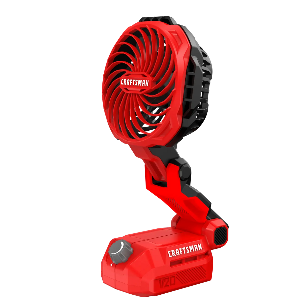 Photo of Craftsman cordless red fan, SKU CMCE010B, angled view, adjustable head and compact base.