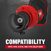 Photo of Craftsman cordless rotary tool CMCE200B front view, showing collet compatibility on dark background.