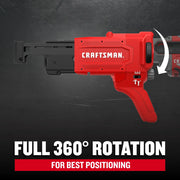 Photo of CRAFTSMAN graphics tool CMCF6001 showing red handle and black rotating attachment on dark background.