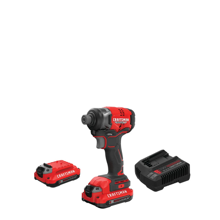 Photo of Craftsman cordless impact driver kit with two batteries and charger, front angle, model CMCF813C2.
