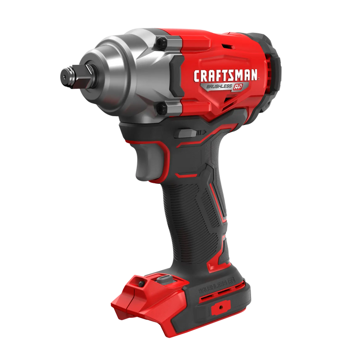Photo of Craftsman cordless impact wrench, red and black, model CMCF921B, front angled view, white background.