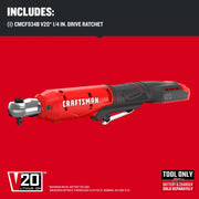 Image of a Craftsman CMCF934B V20 1/4 inch drive ratchet tool with a V20 lithium ion label. The tool is red and black, and the image notes that the battery and charger are sold separately.
