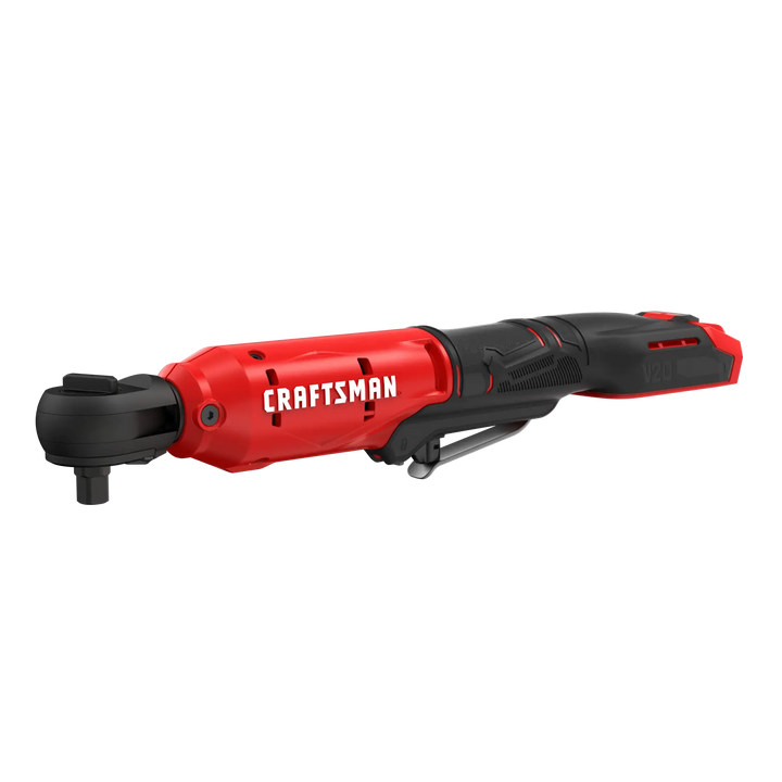 A red and black cordless ratchet wrench labeled 'CRAFTSMAN', designed for tightening and loosening nuts and bolts.
