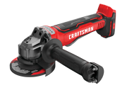 Photo of Craftsman cordless angle grinder model CMCG450B, red and black, side view on white background.
