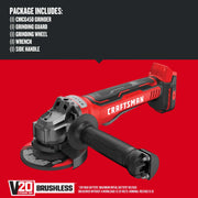 Photo of Craftsman CMCG450B cordless angle grinder with side handle, grinding wheel, and V20 brushless marking.