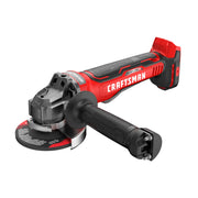 Photo of Craftsman cordless angle grinder, SKU CMCG451B, red and black, side angle on white background.