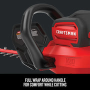 Close-up of Craftsman V20 hedge trimmer CMCHTS820D1 showing full wrap around black handle and red body.