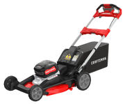 Photo of Craftsman CMCMWSP320X2 cordless lawn mower, black and red, side angle on white background.