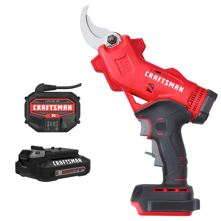 Photo of Craftsman cordless pruning shears CMCPR320C1 with battery and charger, front angle on white background.