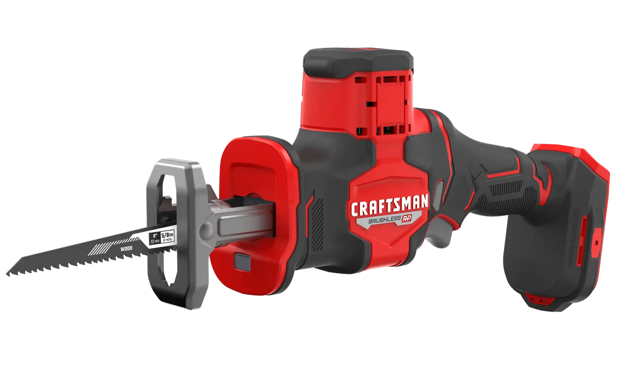 Photo of Craftsman cordless reciprocating saw, SKU CMCS340B, red and black, side angle, blade attached.