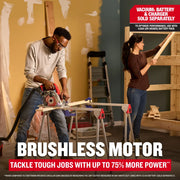 Craftsman CMCS551B brushless circular saw in use cutting wood in workshop, vacuum attached, product graphics.