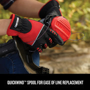Photo of gloved hands replacing trimmer line on CRAFTSMAN string trimmer, showing Quickwind spool, CMCST920M1.