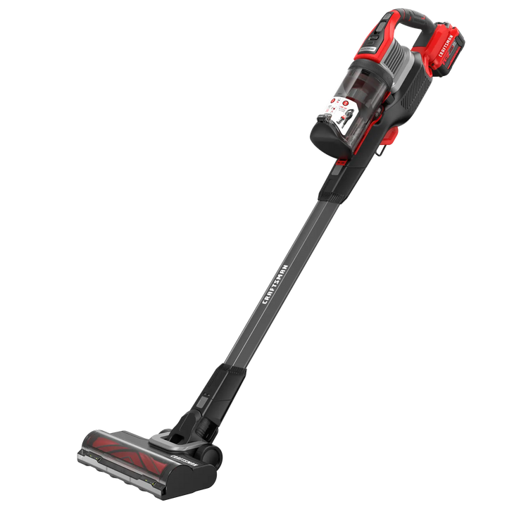 Photo of Craftsman cordless stick vacuum, model CMCVS501M1, black and red, side view on white background.