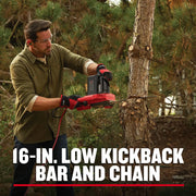 Photo of person using Craftsman chainsaw CMECS600 outdoors, cutting tree trunk, 16-in. low kickback bar and chain.