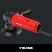 Craftsman red corded sander with black handle, CMEE145, side angle, shown on dark background.