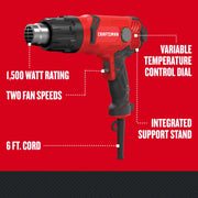 Photo of Craftsman heat gun CMEE531, red and black, with variable temperature dial and integrated stand, side angle.