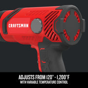 Photo of CRAFTSMAN heat gun CMEE531, red and black, side angle, visible grip and temperature dial.