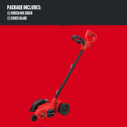 Photo of Craftsman edger CMEED400 with red and black handle, package includes edger and blade, side view.
