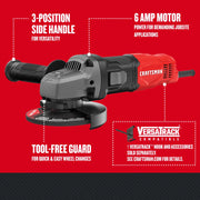 Photo of Craftsman angle grinder CMEG100 with red and black body, side handle, tool-free guard, white background.