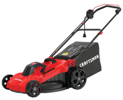 Photo of Craftsman CMEMW213 red and black electric lawn mower, side angle view, with rear grass bag.