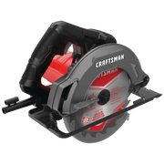 Photo of CRAFTSMAN circular saw, model CMES500, with red and black body, side view on white background.