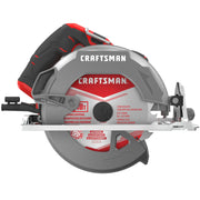 Photo of CRAFTSMAN circular saw, SKU CMES510, side angle, with red and gray body and visible blade guard.