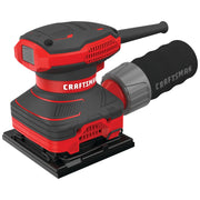 Photo of Craftsman CMEW230 sheet sander, red and black, with ergonomic handle and dust collection bag, front angle.