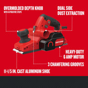 Photo of Craftsman electric hand planer CMEW300, showing red and black body with overmolded depth knob, side view.