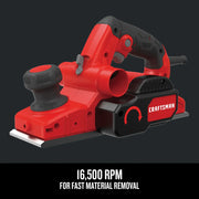 Photo of Craftsman CMEW300 red and black electric hand planer, angled view, featuring ergonomic handle.