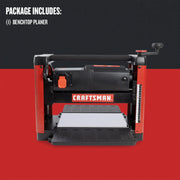 Front view photo of Craftsman benchtop planer CMEW320, red and black, with fold-out trays.
