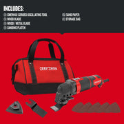 Craftsman CMEW401 corded oscillating tool set with red and black storage bag, wood and metal blades, sanding platen, and five sandpapers, front angle.
