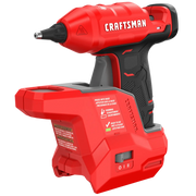 Photo of Craftsman red cordless glue gun CMGL100B, side angle, with ergonomic grip and trigger switch.