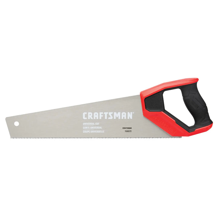 Craftsman hand saw with red and black handle, silver blade, CMHT20880, front angle on white background.