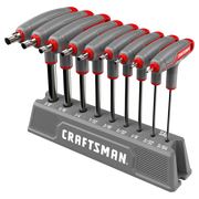 A set of nine Craftsman T-handle hex key wrenches organized in a gray plastic holder, with each tool marked by size ranging from 3/8 to 5/64 inch. The handle is gray with red accents and the tools are arranged in order from largest to smallest.
