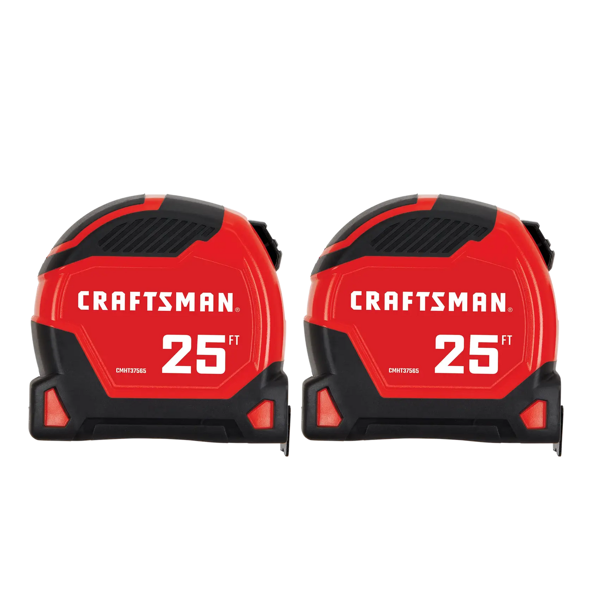 Front view photo of two Craftsman 25 ft tape measures, red and black, model CMHT37265S.