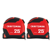 Front view photo of two Craftsman 25 ft tape measures, red and black, model CMHT37265S.