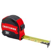 Craftsman tape measure CMHT37445S, 30 ft length, black and red case, angled view on white background.