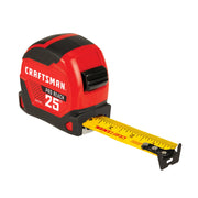 CRAFTSMAN Pro Reach 25 ft tape measure with yellow measuring blade extended from the red and black casing.